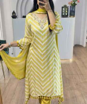 Yellow Printed Pure Cotton Embroided Anarkali Suit