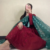 Maroon Embroidered Anarkali Kurta Set with Contrast Teal Organza Dupatta