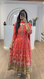 Red Floral Handworked Anarkali With Straight Pants
