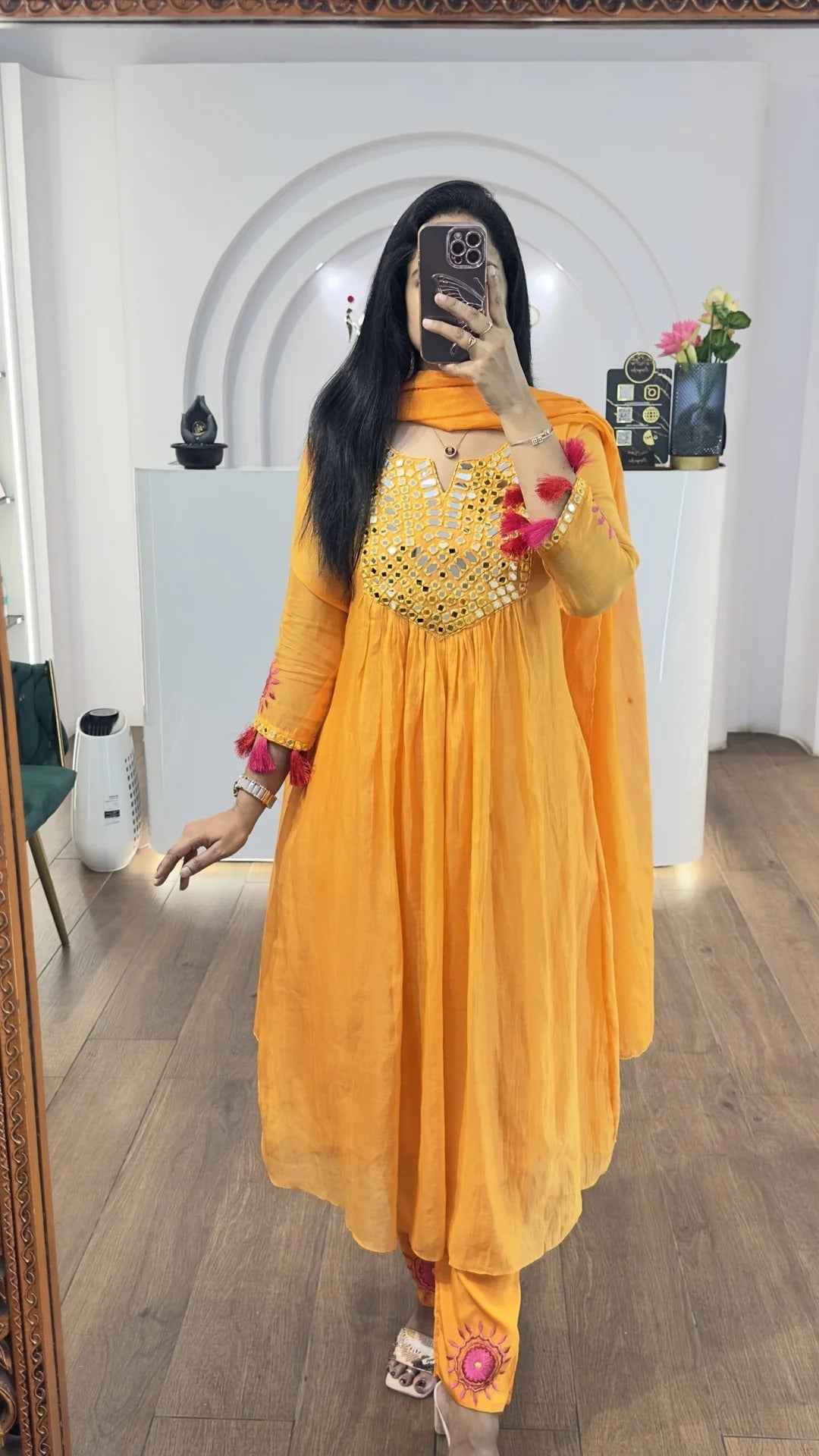 Orange Mul Chanderi Mirrors Handwork Suit Set