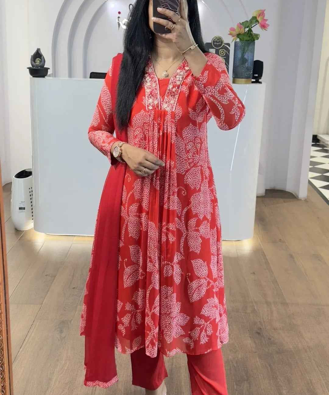 Red Bandhej Chinnon Aline Suit Set