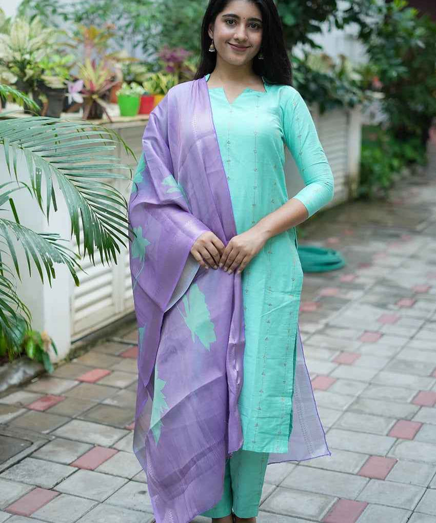 Mint Bloom Kurti Set – Raw Slub Silk Charm