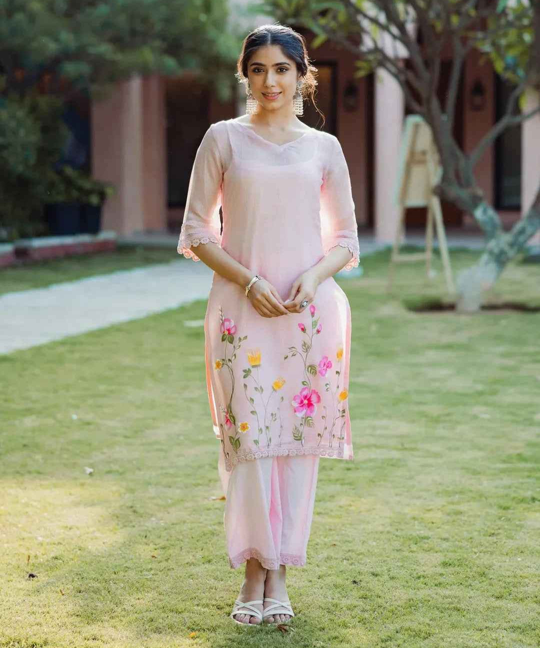 Shitij Pink Handpainted Doria Kurta Set