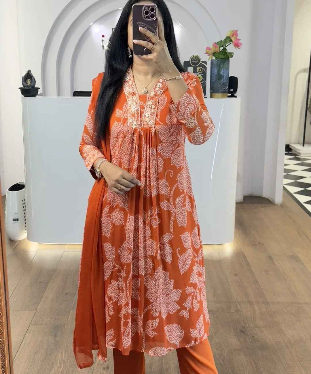 Orange Bandhej Chinnon Aline Suit Set