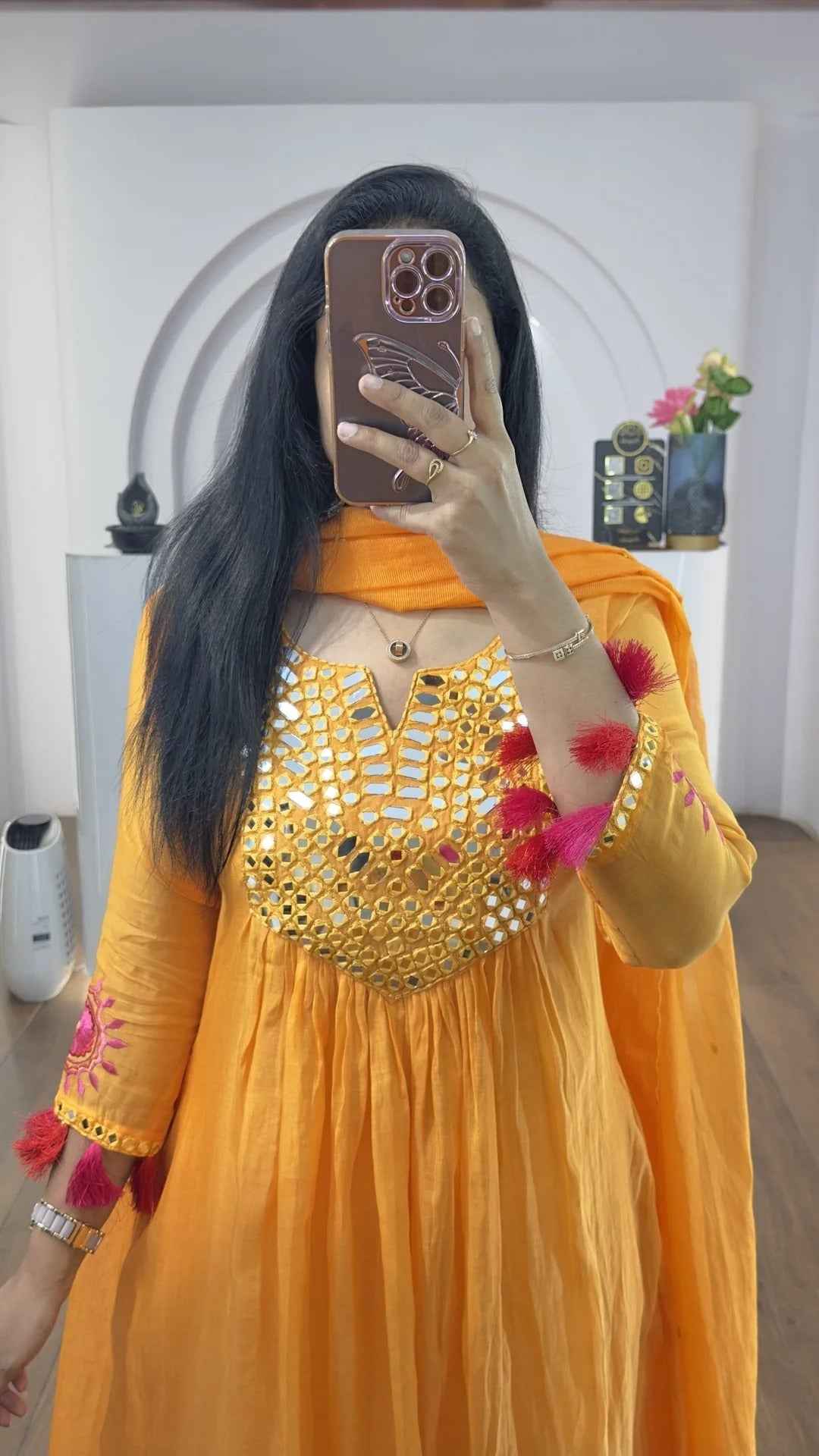 Orange Mul Chanderi Mirrors Handwork Suit Set