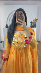 Orange Mul Chanderi Mirrors Handwork Suit Set