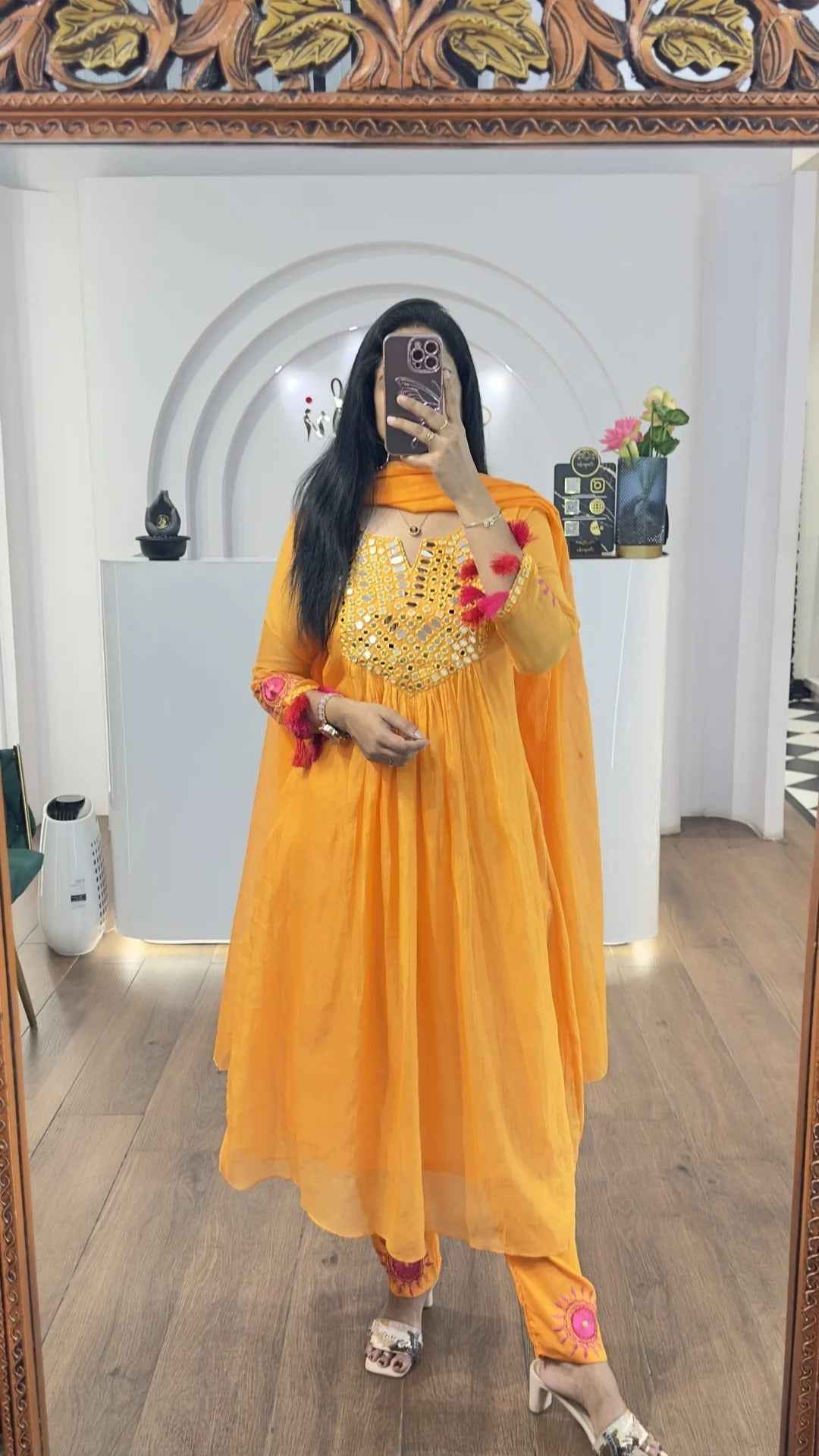 Orange Mul Chanderi Mirrors Handwork Suit Set