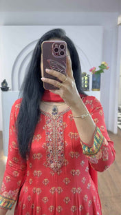 Red Floral Handworked Anarkali With Straight Pants